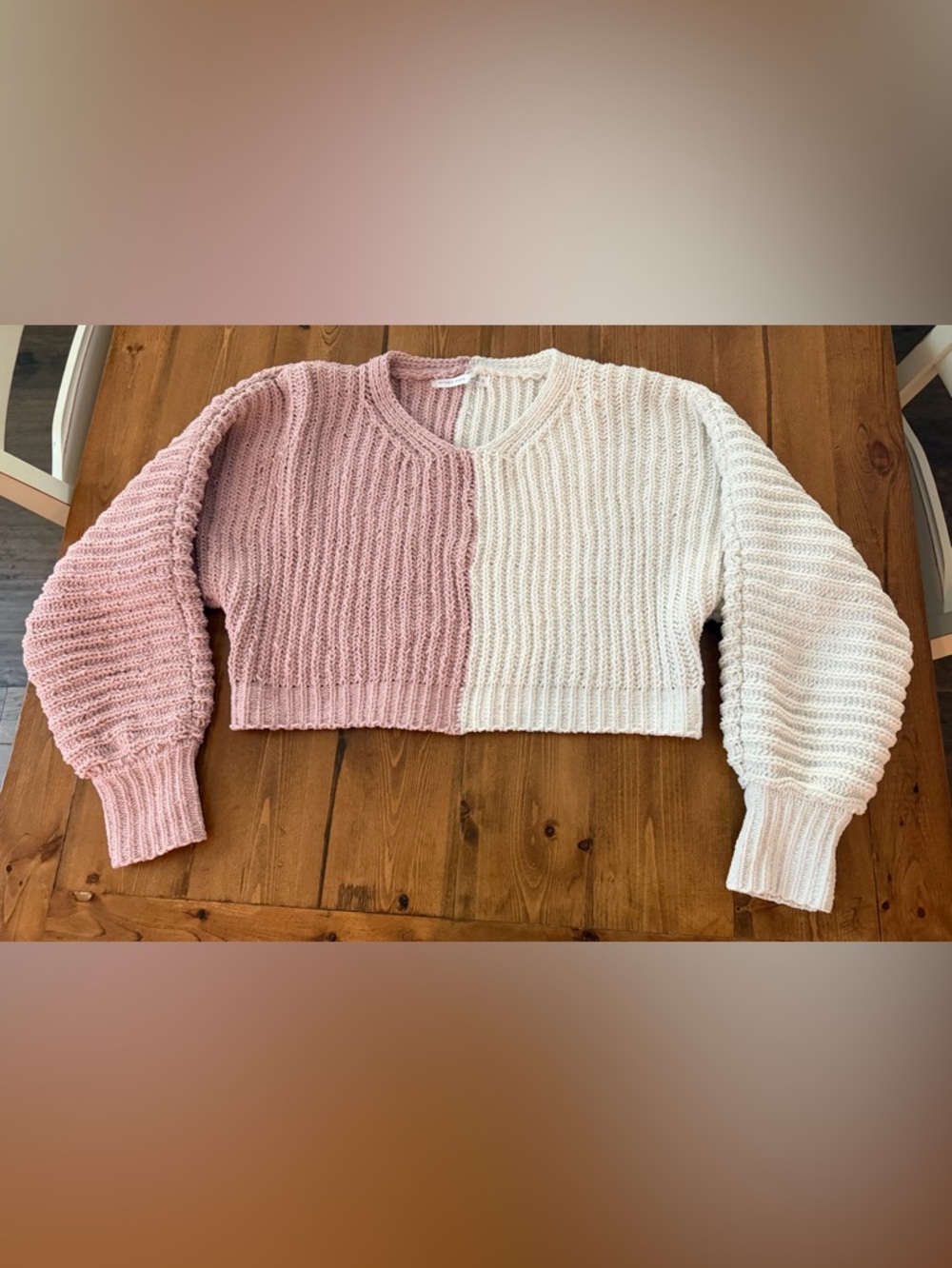 Altar'd State Pink and Cream Colorblock Cropped Chunky Knit Sweater